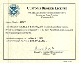 CBP Customs Broker License #40089